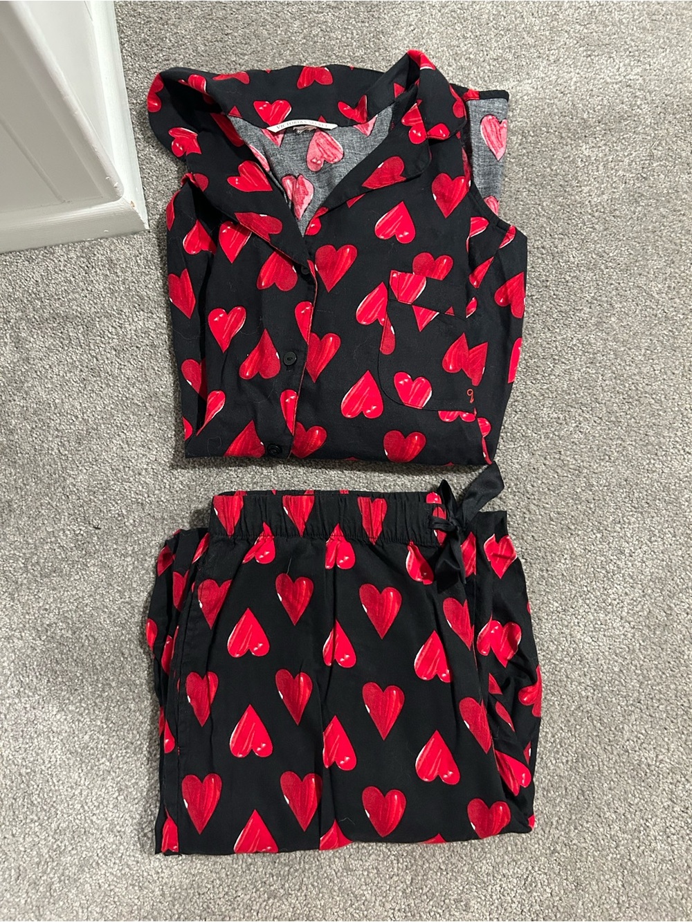 Victoria's Secret Black Pajama Set with Red Heart Print